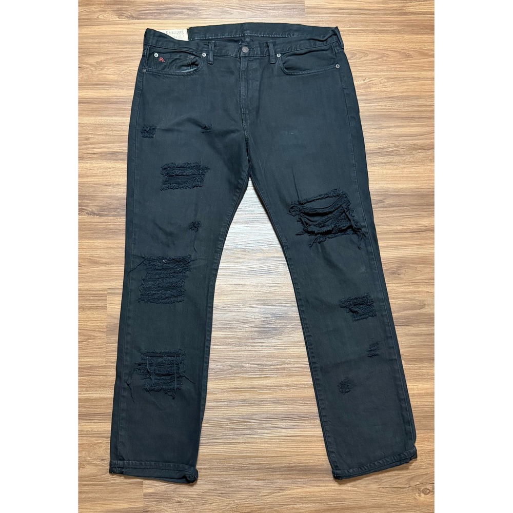 Polo Ralph Lauren 381 Slim Fit Distressed Black Jeans Mens Sz 38x32 Ripped Denim